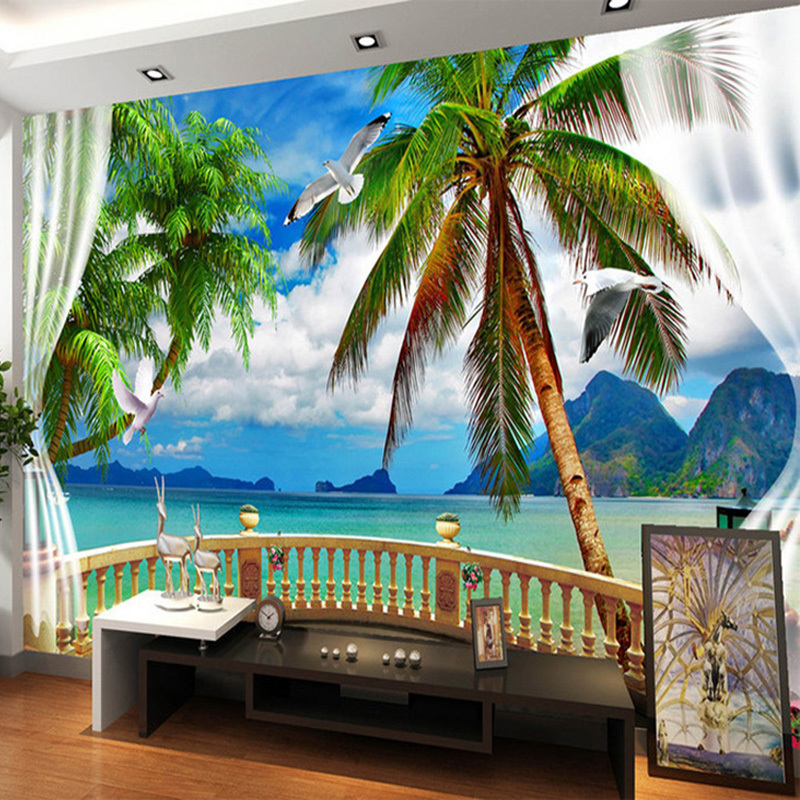 KOMNNI Blue Sky Beach Coconut Trees 3D Wallpaper Living Room Hotel Bedroom Home Decor 3D Mural