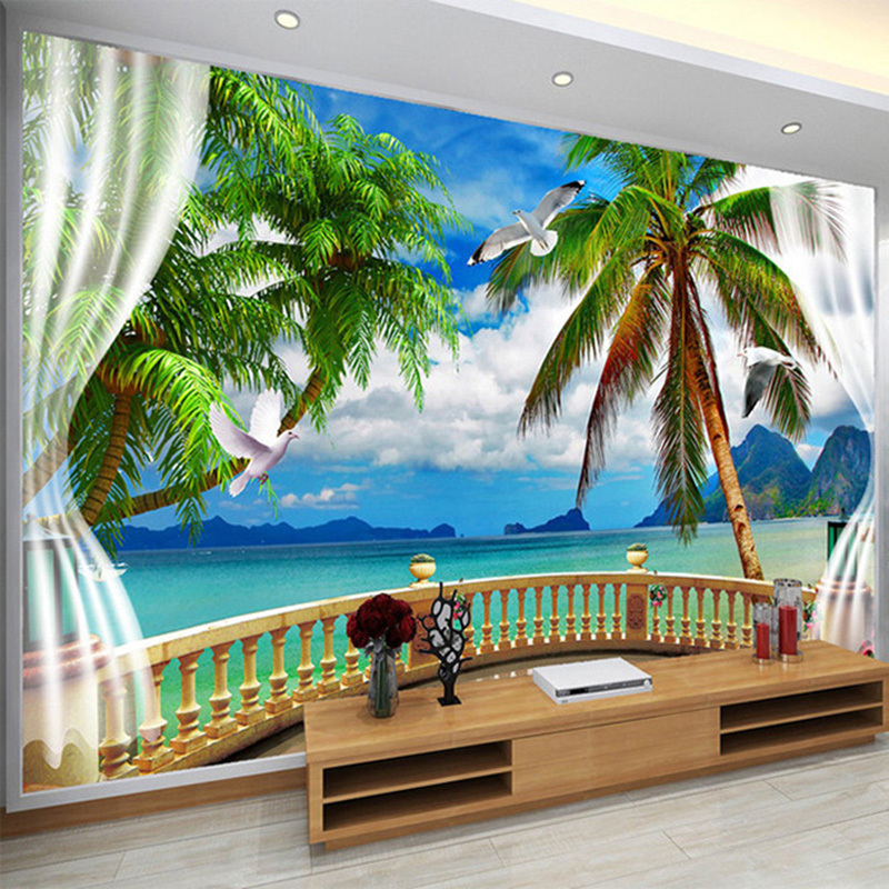 KOMNNI Blue Sky Beach Coconut Trees 3D Wallpaper Living Room Hotel Bedroom Home Decor 3D Mural