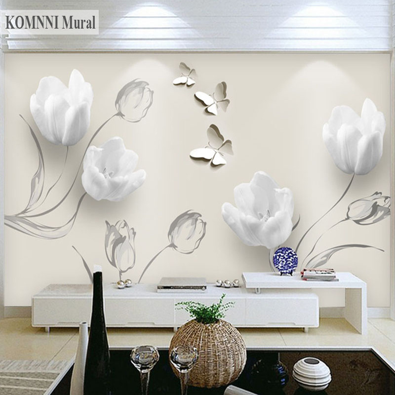 KOMNNI Custom  Wallpaper Modern 3D Stereo Tulip Butterfly Flowers self adhesive Mural Fashion Living Room Home Decor Wall Papers