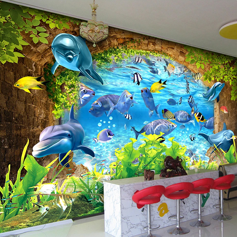 KOMNNI Underwater World Ocean Dolphin Fish Custom 3D Photo For Kids Room Bedroom Kindergarten Cartoon Decoration Mural Wallpaper