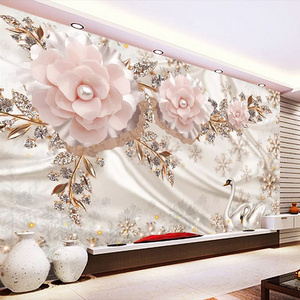 KOMNNI Customized 3d Wallpaper Flowers Mural  Luxury  Wallpaper Swan Jewelry Flower Mural Living Room Wall Decorative Mural