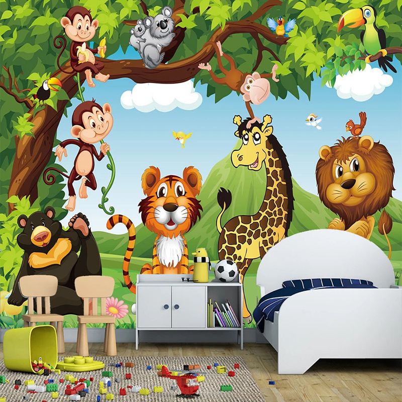 KOMNNI Custom Mural Wallpaper 3D Cartoon Forest Animal World Children Kids Room Bedroom Wall Painting Wallpaper Lion Tiger Monke