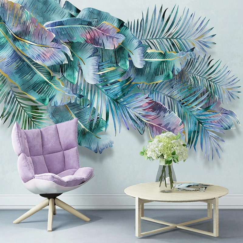 KOMNNI Custom 3D Wall Mural Modern Hand Painted Light Luxury Tropical Plant Leaves Peel And Stick Wallpaper