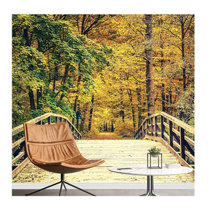 Custom 3d Wall Mural Autumn Fall Yellow Tree Forest Wall Mural Bridge Nature Landscape Wallpaper For Living Room, Bedroom