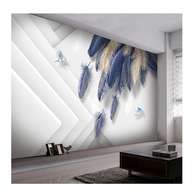 KOMNNI Modern Fashion Light Luxury Hand Painted 3D Mural Golden Blue Feather Geometric Peel And Stick Wall Mural Wallpaper