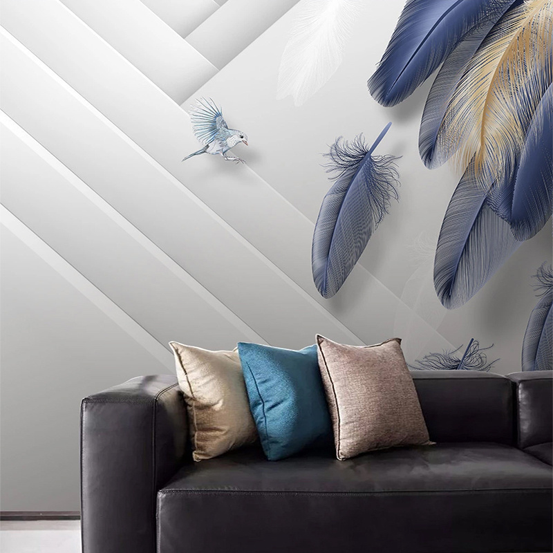 KOMNNI Modern Fashion Light Luxury Hand Painted 3D Mural Golden Blue Feather Geometric Peel And Stick Wall Mural Wallpaper