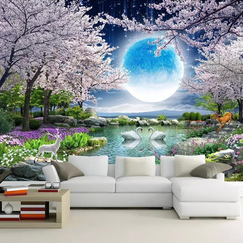 KOMNNI Custom Wall Paper Moon Cherry Blossom Tree Nature Landscape Wall Mural Living Room Bedroom Wallpaper Home Decor