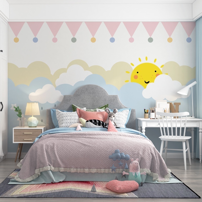 KOMNNI Simple Modern Children's Room Wallpaper Girl's Bedroom Bedside 3d Cartoon Wallpaper Cloud Star Sun Warm Mural