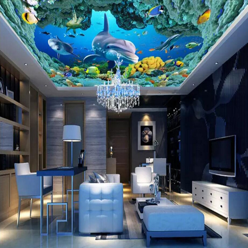 KOMNNI Custom 3D Underwater World Ocean Dolphin 3d wallpaper mural kids Interior Decoration Modern Ceiling Mural Wallpaper