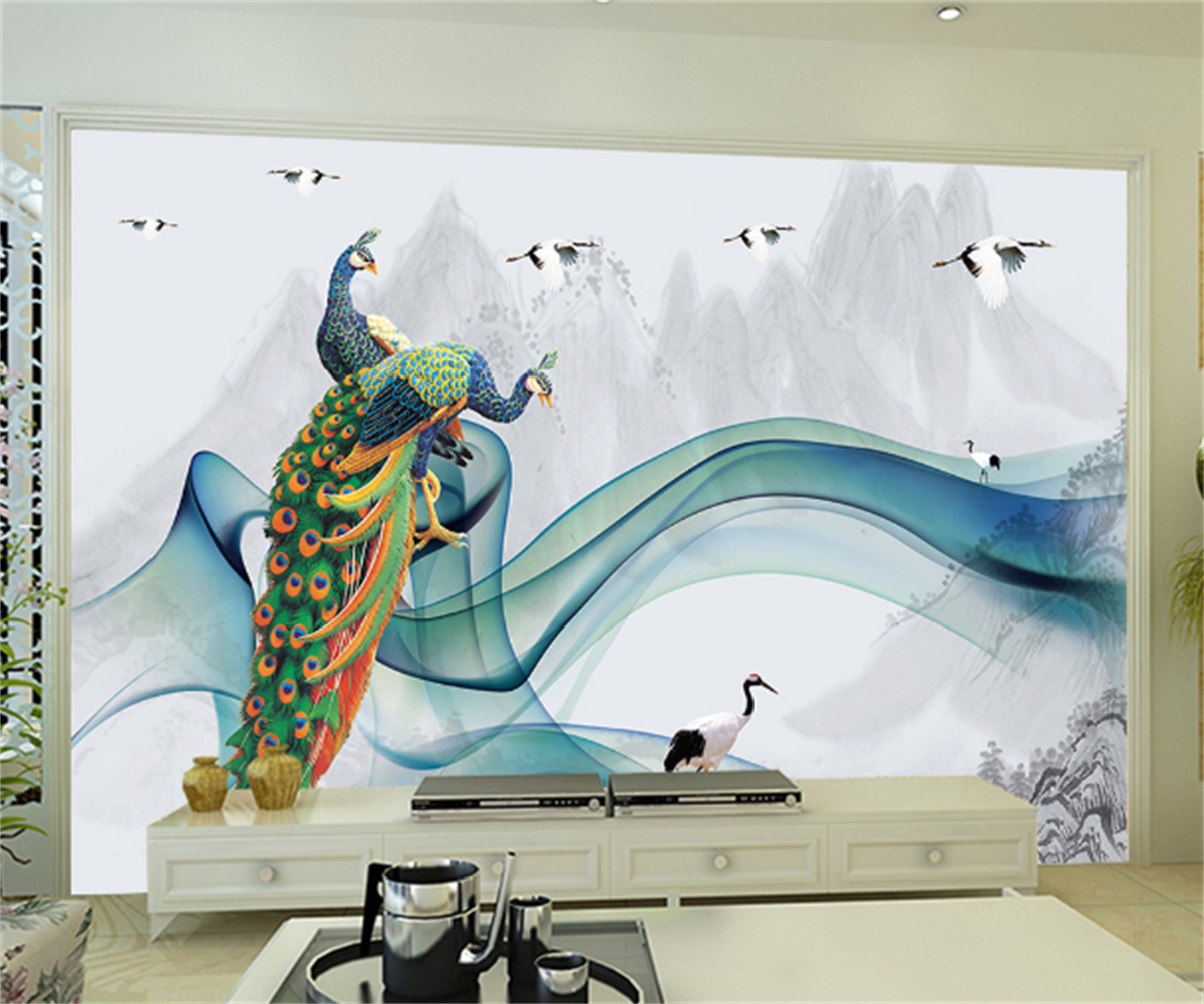 KOMNNI Custom Peel And Stick Mural Hand-Painted Abstract Lines Ink Wallpaper Landscape Peacock Wall Mural Background Wallpaper