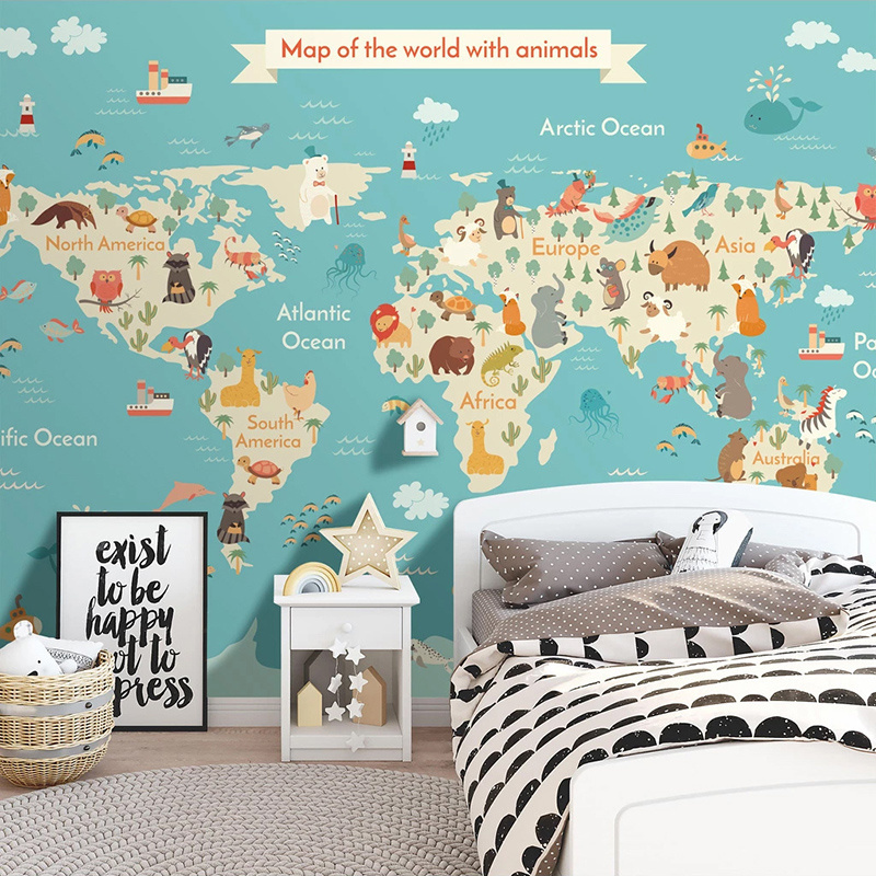 KOMNNI Custom 3d Cartoon Wallpaper Animal World Map Mural Children Room Kids Bedroom Background Mural