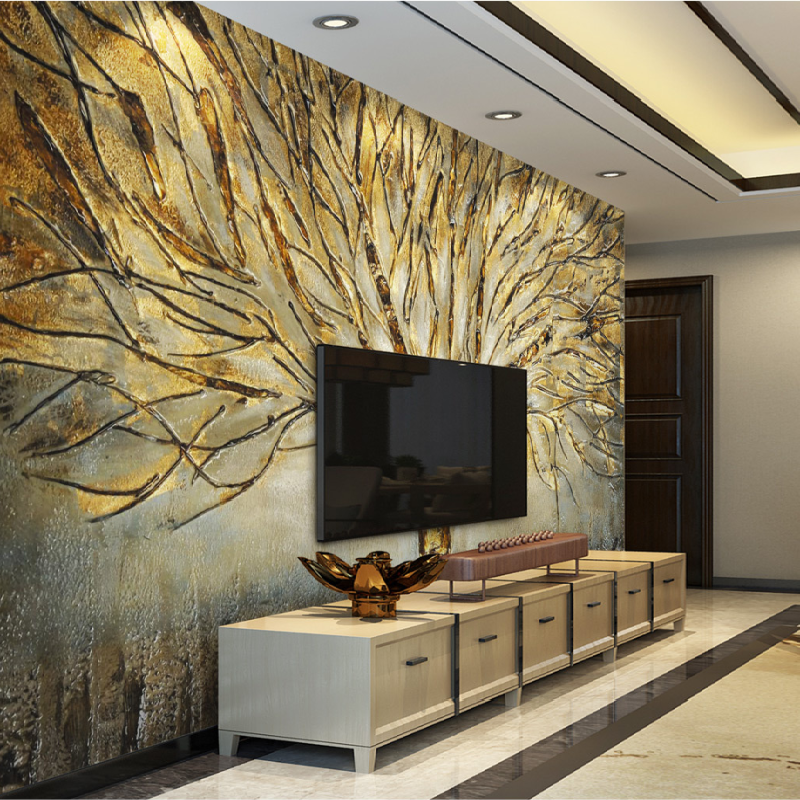 KOMNNI Modern Light Metal Embossed Self-Adhesive Wallpaper Fashion Tree Art Mural Living Room Interior Luxury Decoration