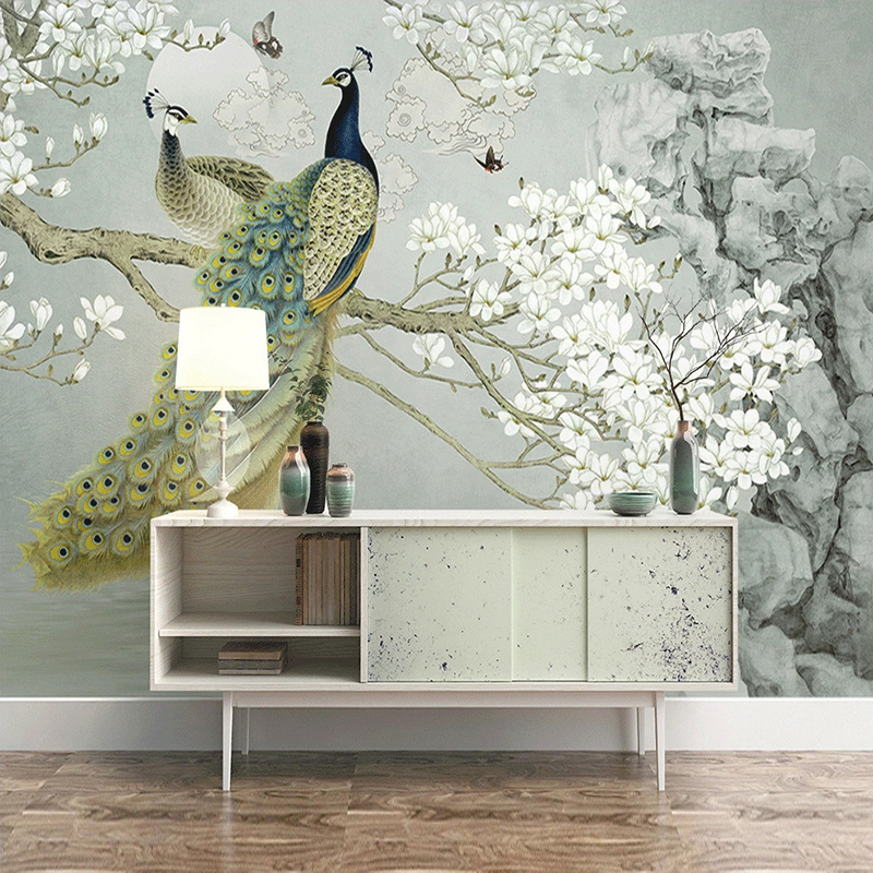 KOMNNI Custom Photo Mural Peel And Stick Wallpaper 3D Peacock Magnolia Flowers Wall Painting Living Room Background Home Decor