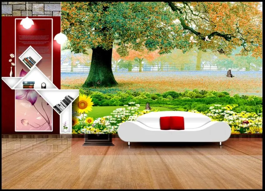 KOMNNI Custom Mural Big Tree Grass Flowers 3d Wall Murals Butterfly Landscape Wallpaper For Bedroom Home Decor