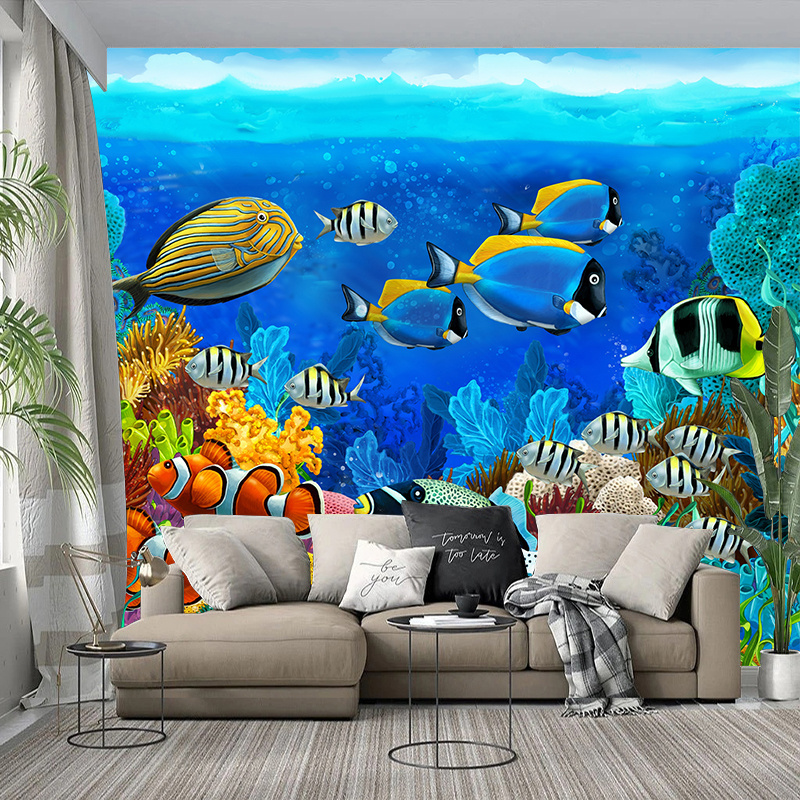 KOMNNI 3D Cartoon Self-Adhesive Mural Wallpaper For Kids Room Wall Paper Underwater World Fish Coral And Aquatic Plants Fresco