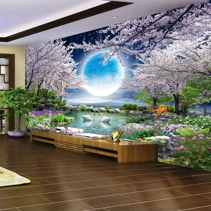 KOMNNI Custom Wall Paper Moon Cherry Blossom Tree Nature Landscape Wall Mural Living Room Bedroom Wallpaper Home Decor