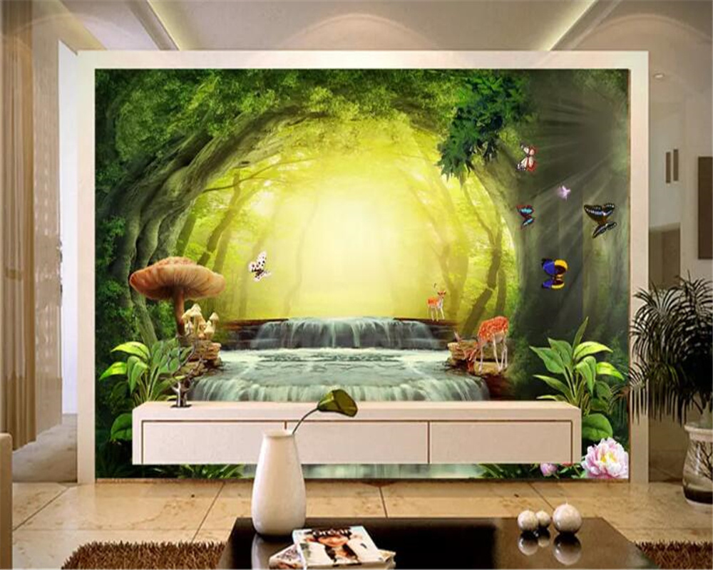 KOMNNI Custom Peel And Stick Wallpaper Fantasy Forest Big Tree Mushroom Deer Butterfly Waterfall Children Room Wall 3d Wallpaper