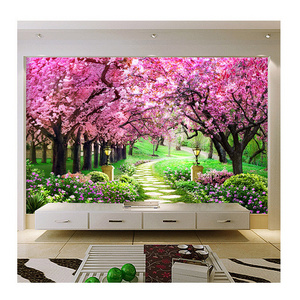 KOMNNI  3D Self-Adhesive Wallpaper Cherry Tree Garden Path Landscape Backdrop Wall Mural Living Room Bedroom Floral Mural