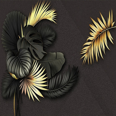 KOMNNI Custom 3D Wall Mural Nordic black Gold Tropical Plants Mural Geometry Wallpaper Living Room Background Wall Mural