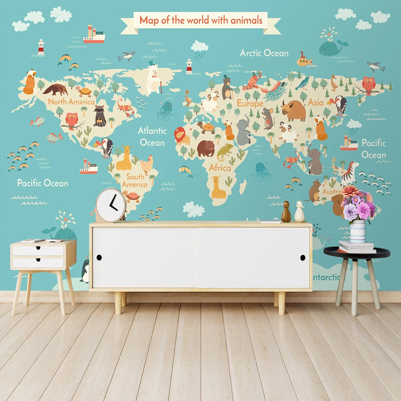 KOMNNI Custom 3d Cartoon Wallpaper Animal World Map Mural Children Room Kids Bedroom Background Mural