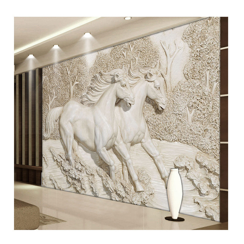 KOMNNI Wallpaper 3D Stereo Relief White Horse Peel And Stick Wall Murals Classic Living Room TV Backdrop Home Decor Wall Mural