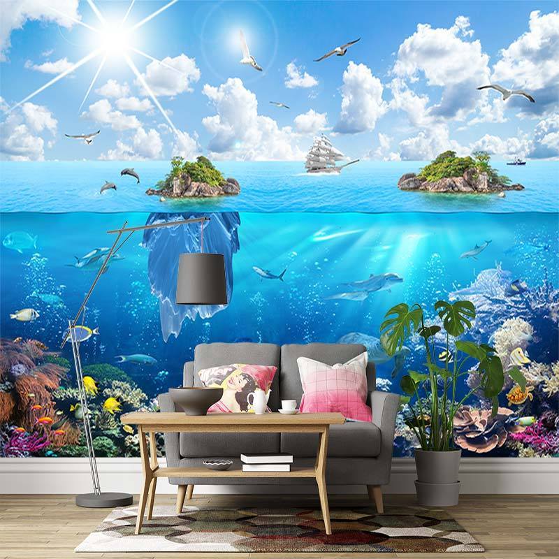 KOMNNI Custom Any Size Underwater World Blue Ocean Fishes Wallpaper Custom Stereo Mural Kids Bedroom Living Room Wall Papers