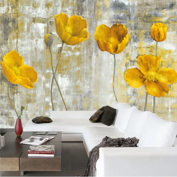 KOMNNI European Style Wallpaper Vintage Yellow Flower Backdrop Wall Mural Wallpaper Hotel Gallery Dining Room Art Wallpaper