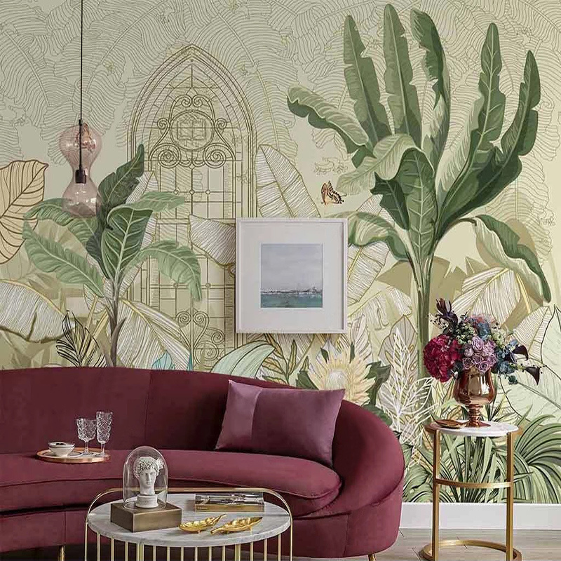 KOMNNI Custom Mural Hand Painted Banana Tree Leaves Wallpaper European Style Wall Mural Living Room Bedroom Decoration Wallpaper