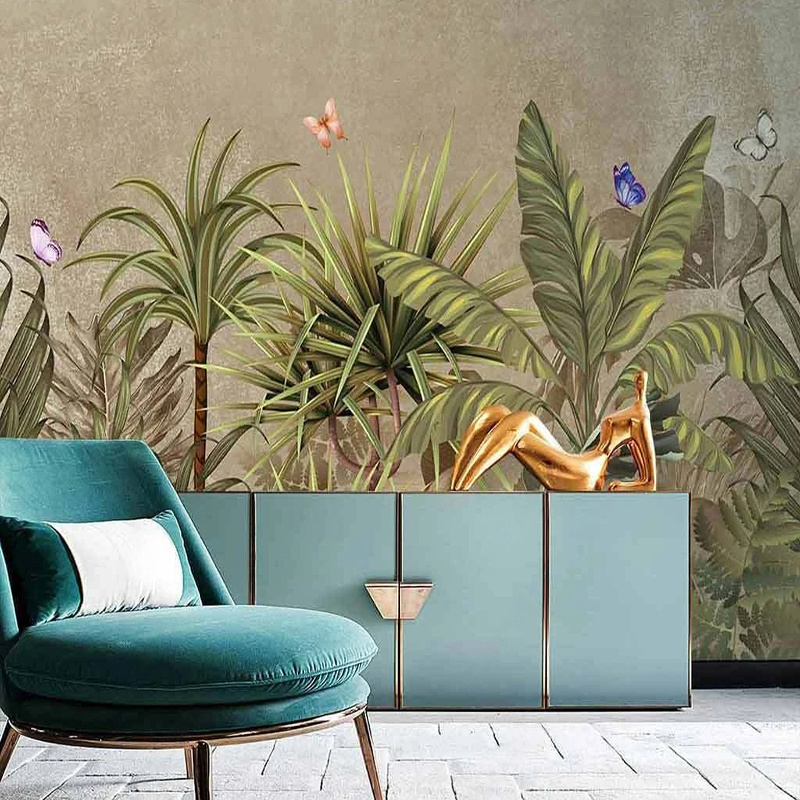 KOMNNI Hand Drawn Tropical Plant Mural Leaves Poster Living Room Bedroom Mural Background Wall Paper