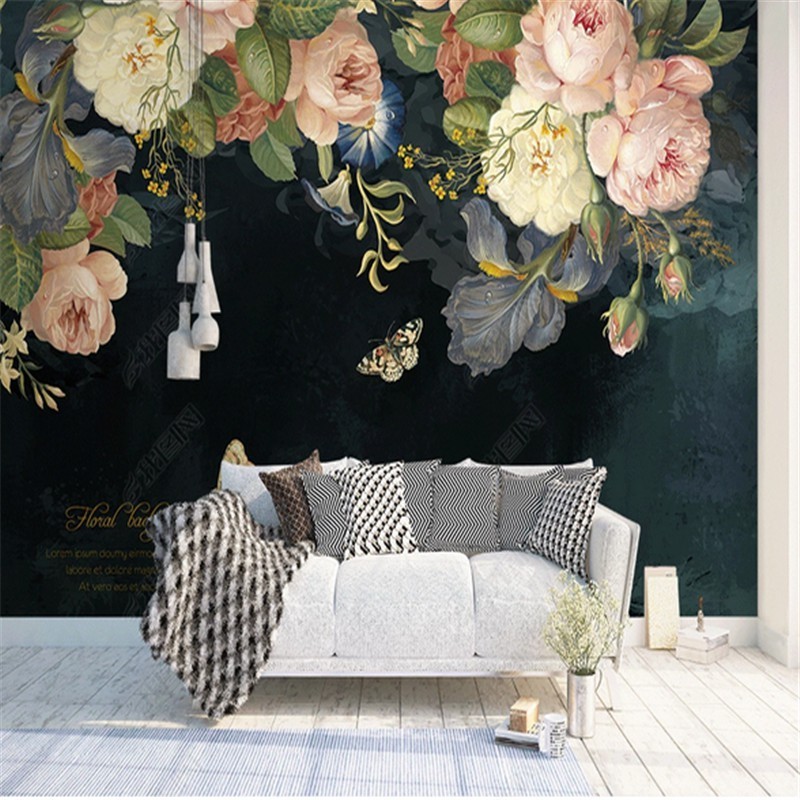 KOMNNI Custom Retro Hand Painted Flower 3D Wall Murals Wallpaper Floral Wall Painting Living Room Home Decor Mural Wall Papers