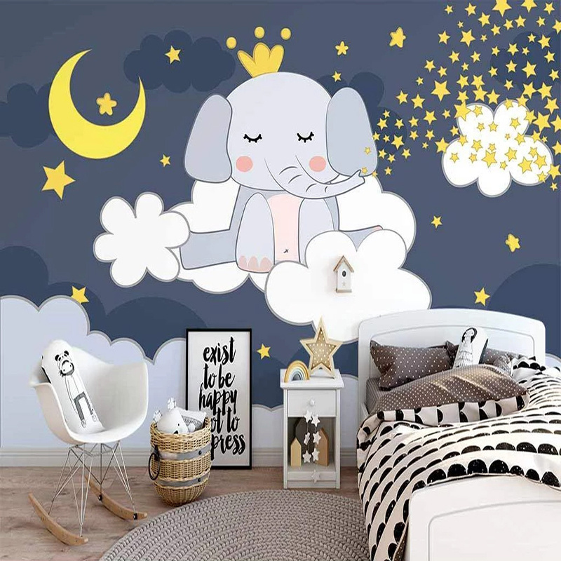 KOMNNI  Custom Mural Self-Adhesive Wallpaper 3D Hand Crown Cartoon Baby Elephant Children Room Background Wall Mural