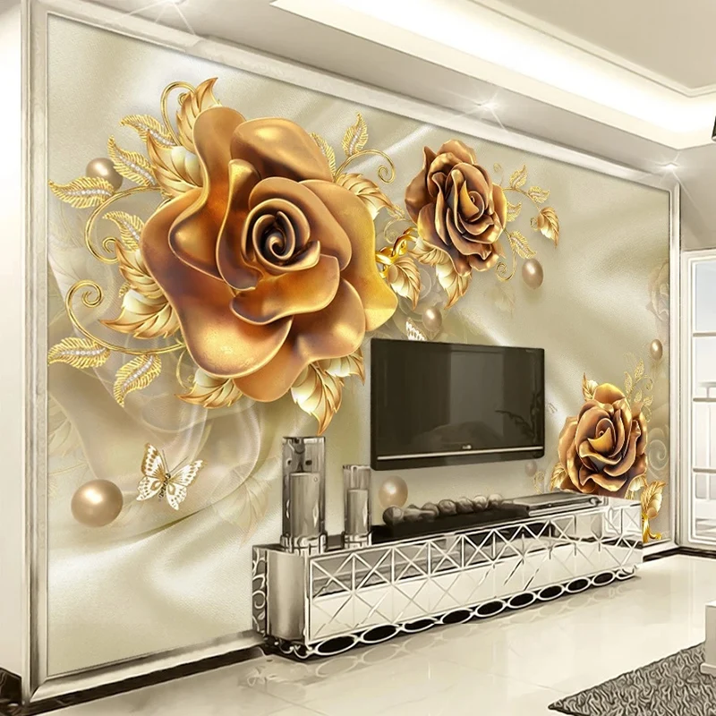 KOMNNI Custom Mural Wallpaper 3d Luxury Gold Jewelry Floral Wallpaper Living Room Bedroom Study Home Decor