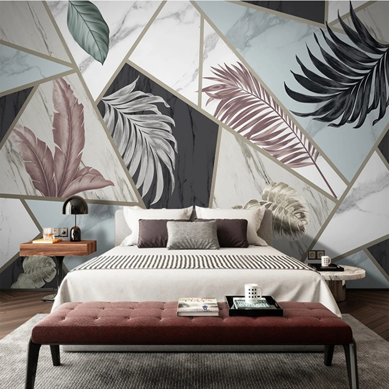 KOMNNI Custom Murals Modern Rainforest Plant Leaves Geometric Marble Wallpaper for Bedroom Living Room Self-Adhesive Wall Mural