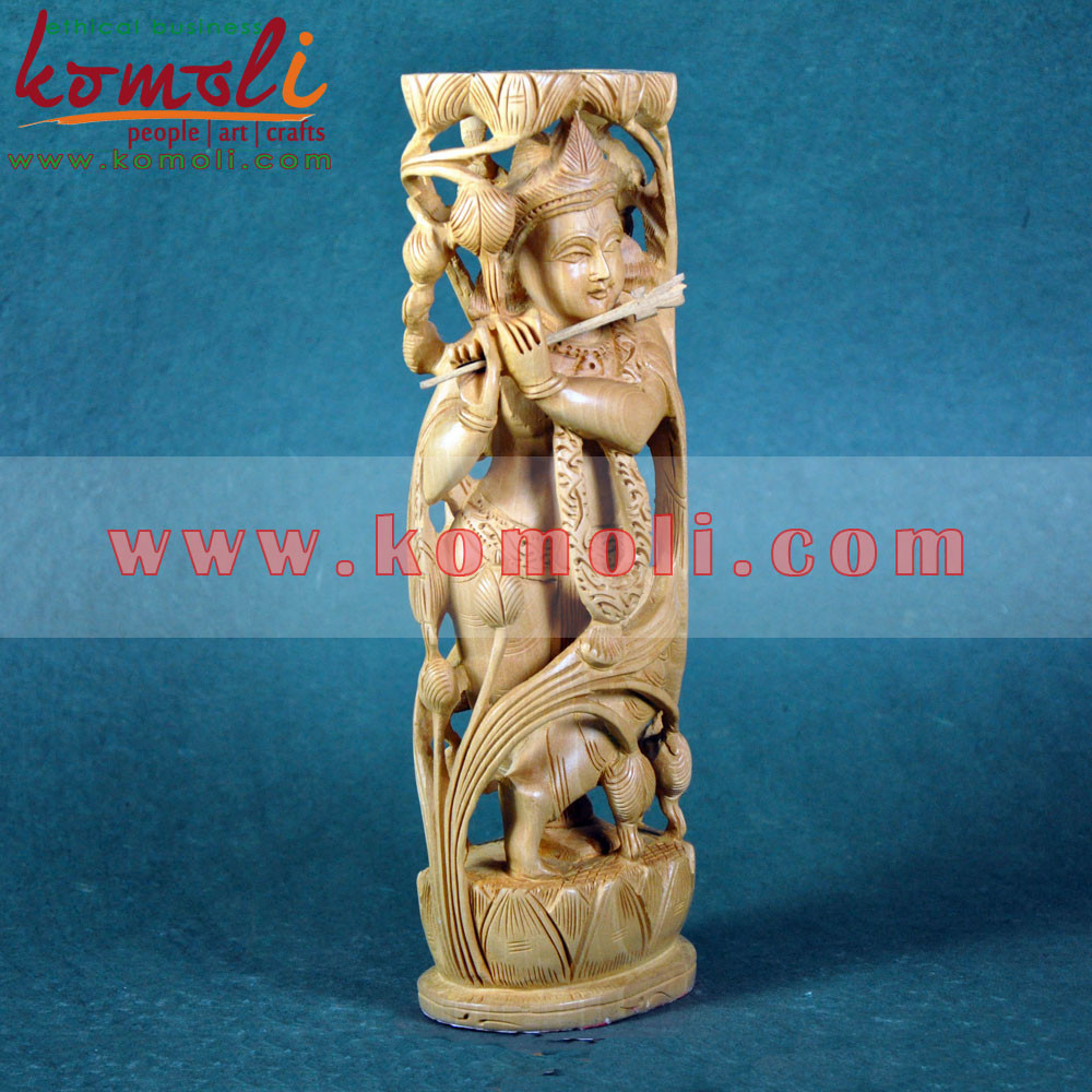 Pose of lord Krishna statue for sale sculpture art wood carving murti in single piece from India with best quality