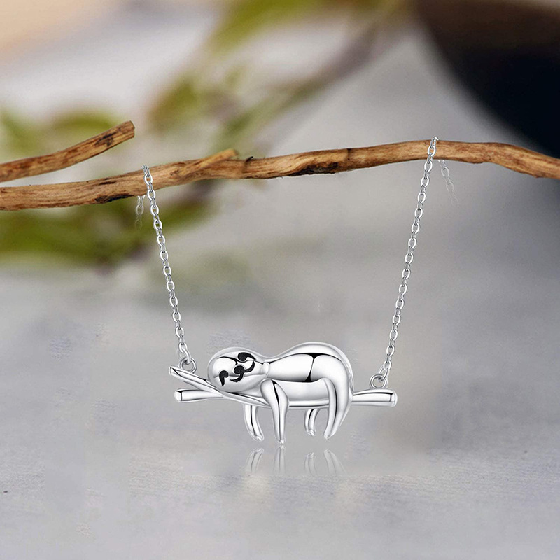 S925 Silver Necklace female cute sloth drop glue black silver ornaments collarbone chain European Amazon animal pendant female