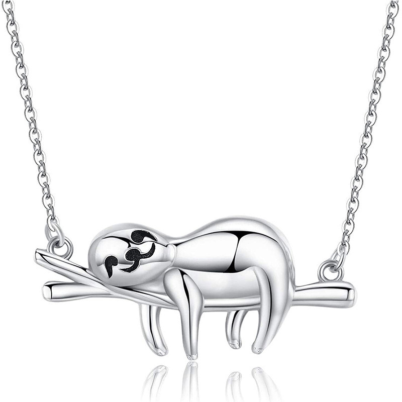 S925 Silver Necklace female cute sloth drop glue black silver ornaments collarbone chain European Amazon animal pendant female