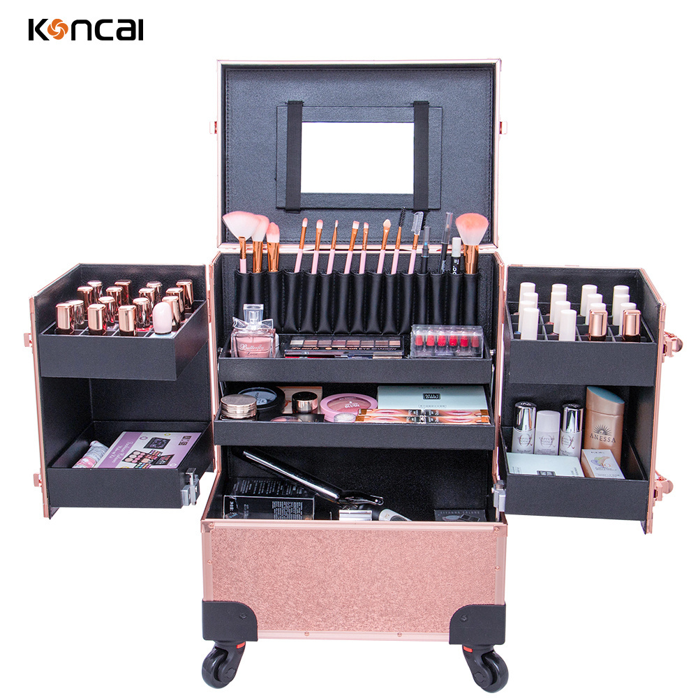 Professional Cosmetic Box Rose Gold Nail Tattoo Rolling Makeup Case On Wheels Multi-Function Beauty Trolley Suitcase