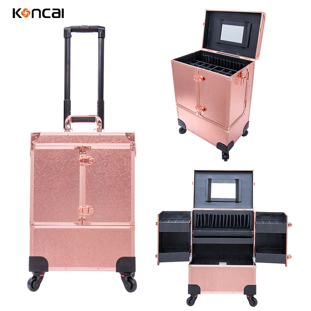 Professional Cosmetic Box Rose Gold Nail Tattoo Rolling Makeup Case On Wheels Multi-Function Beauty Trolley Suitcase