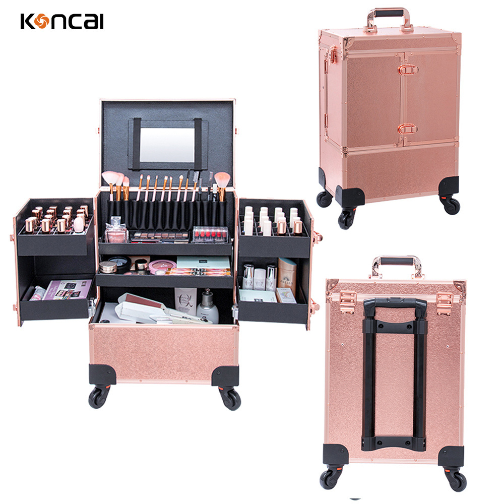 Professional Cosmetic Box Rose Gold Nail Tattoo Rolling Makeup Case On Wheels Multi-Function Beauty Trolley Suitcase