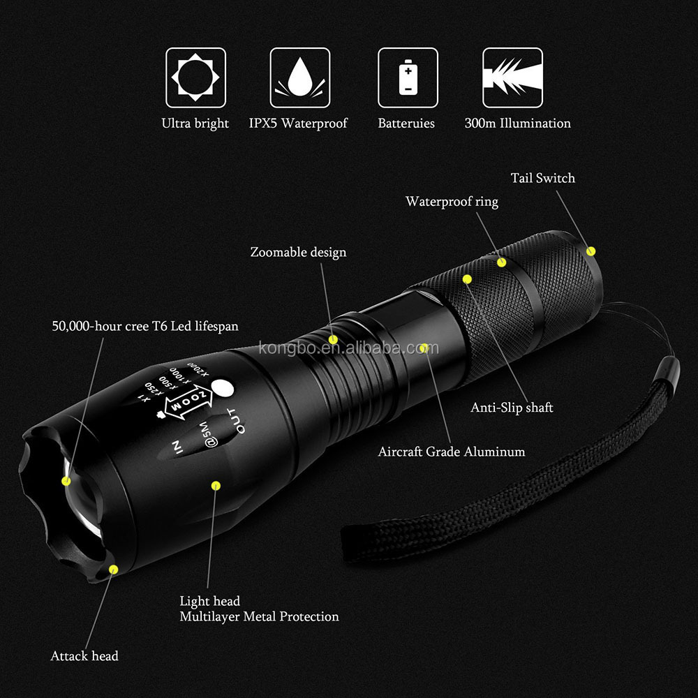 KongBo Outdoor Adjustable Focus Portable Handheld LED Tactical Flashlight With Water Resistant Torch and 5 Light Modes