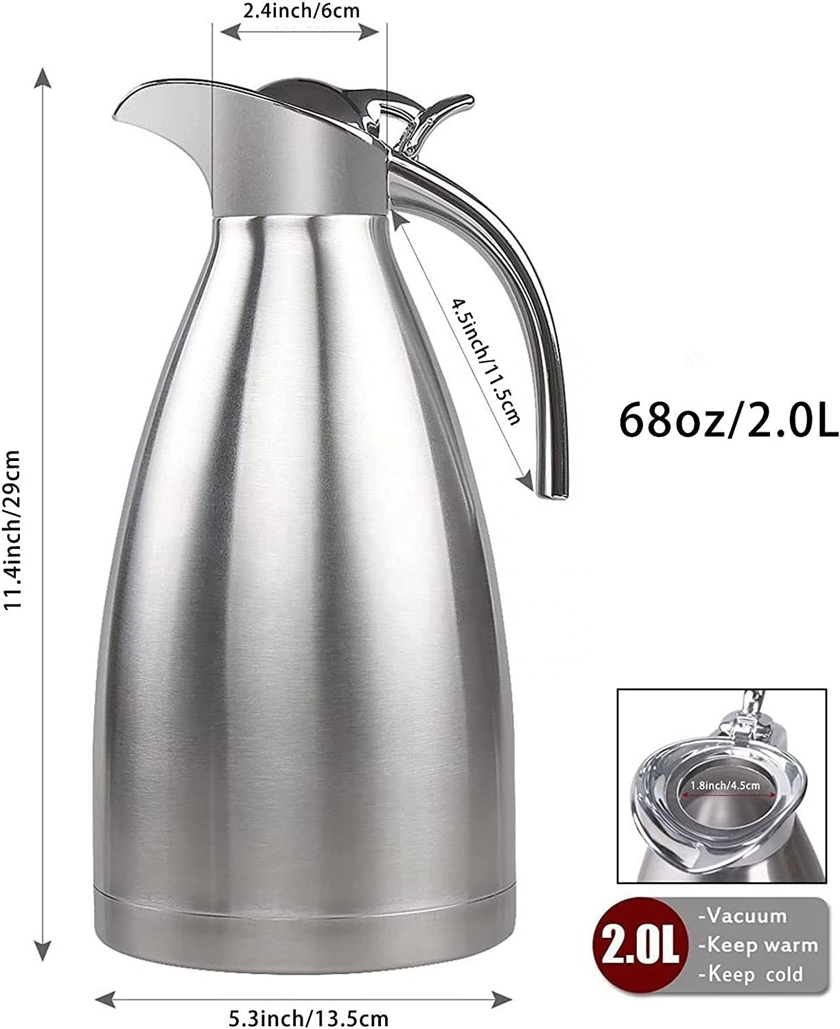 Stainless Steel Thermal Coffee Carafe Double Walled Vacuum Tea Carafe 2 Liter Insulated Coffee Thermos