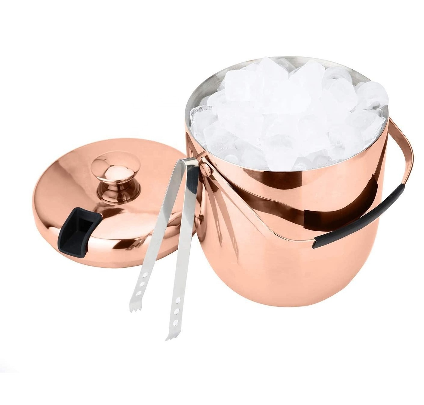 Double insulated round stainless steel ice bucket with ice tong and cover bar champagne beer ice bucket