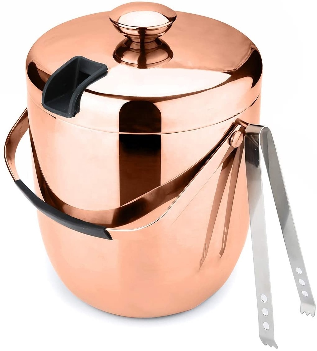 Double insulated round stainless steel ice bucket with ice tong and cover bar champagne beer ice bucket