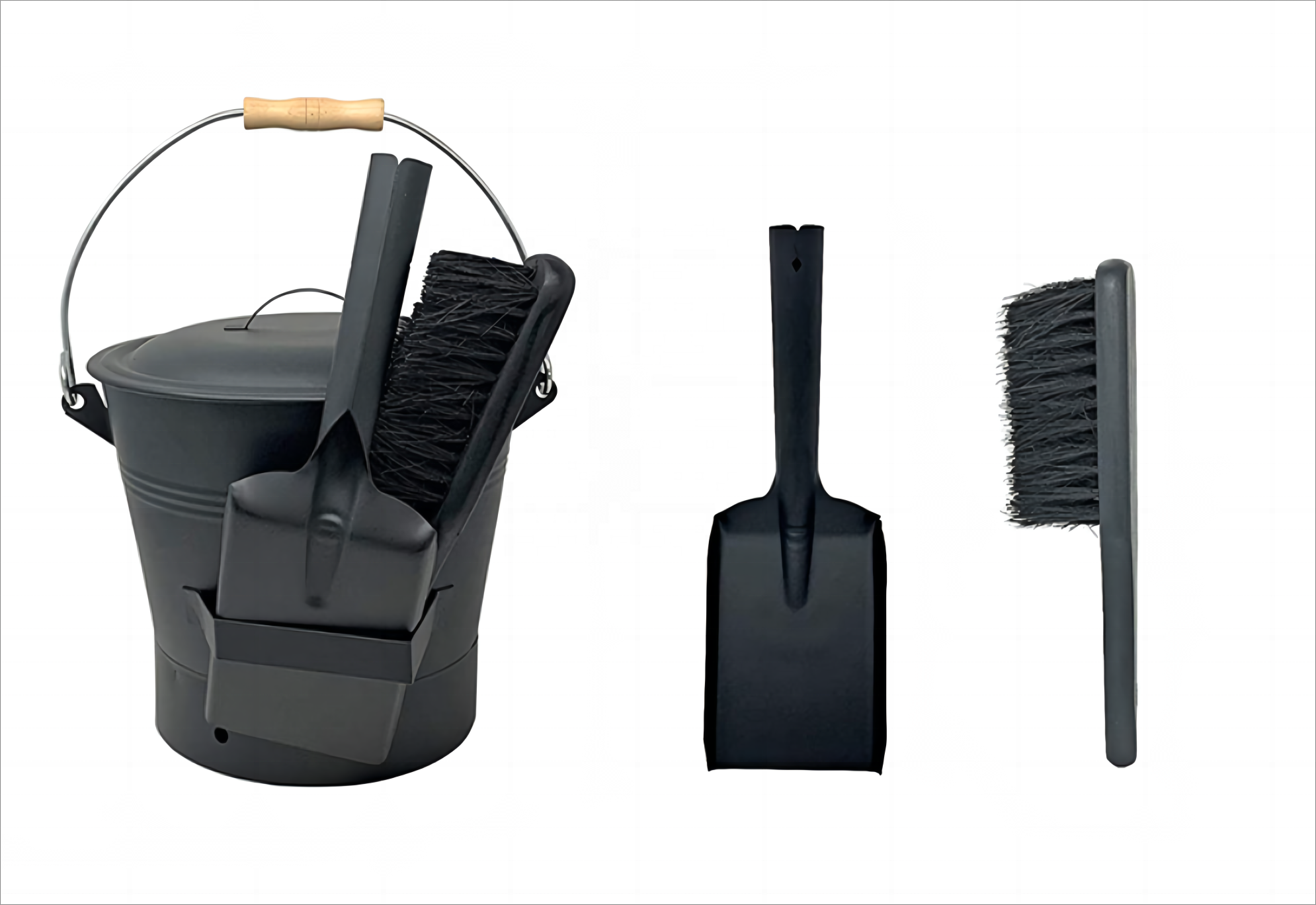 Black Ash Bucket with Lid, Firepit Shovel and Broom, Fireplace Cleaning Tools Ash Bucket for Fireplace