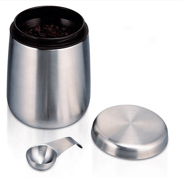 stainless steel coffee canister with spoon and Magnet lid