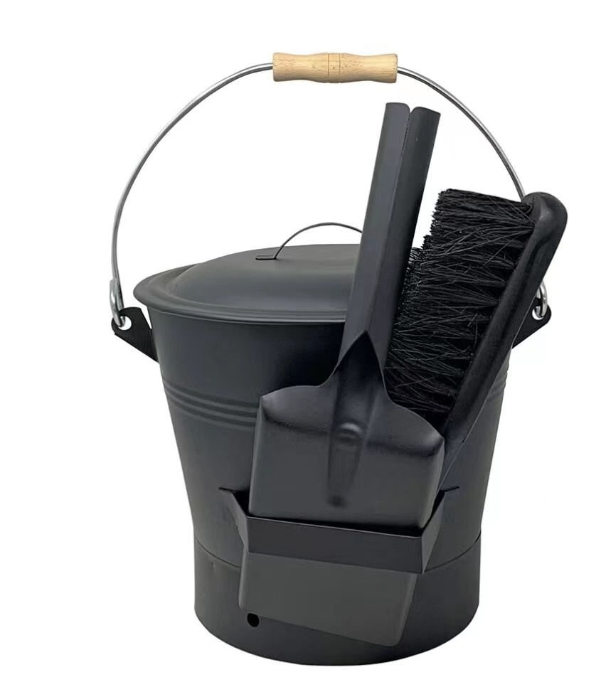 Black Ash Bucket with Lid, Firepit Shovel and Broom, Fireplace Cleaning Tools Ash Bucket for Fireplace