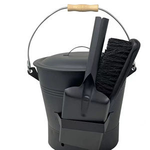 Black Ash Bucket with Lid, Firepit Shovel and Broom, Fireplace Cleaning Tools Ash Bucket for Fireplace