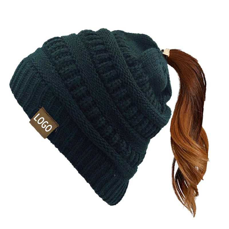 Custom Leather logo Women Girls Knit Ponytail Beanies hole top ponytail beanie knit hats