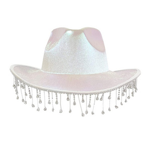 2023 Luxury Wedding cowboy hats adult White Bride Cowgirl Hat With Diamond Fringe Bridal Shower Tassel Cowboy Hat