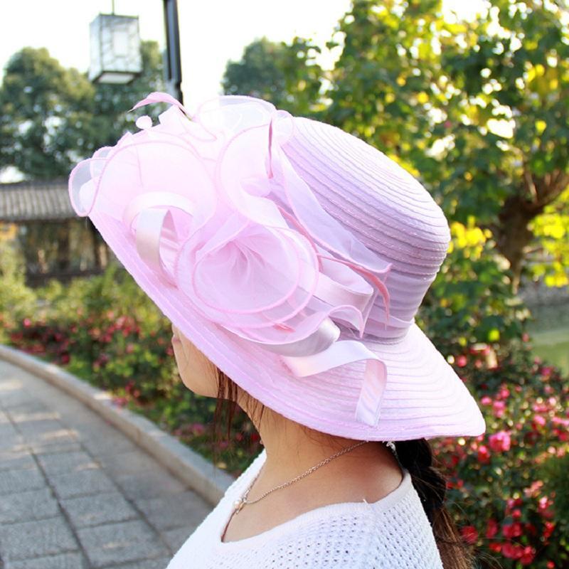 Fashion Women Mesh Kentucky Derby Church Hat With Floral Wide Brim Wedding Party Hats